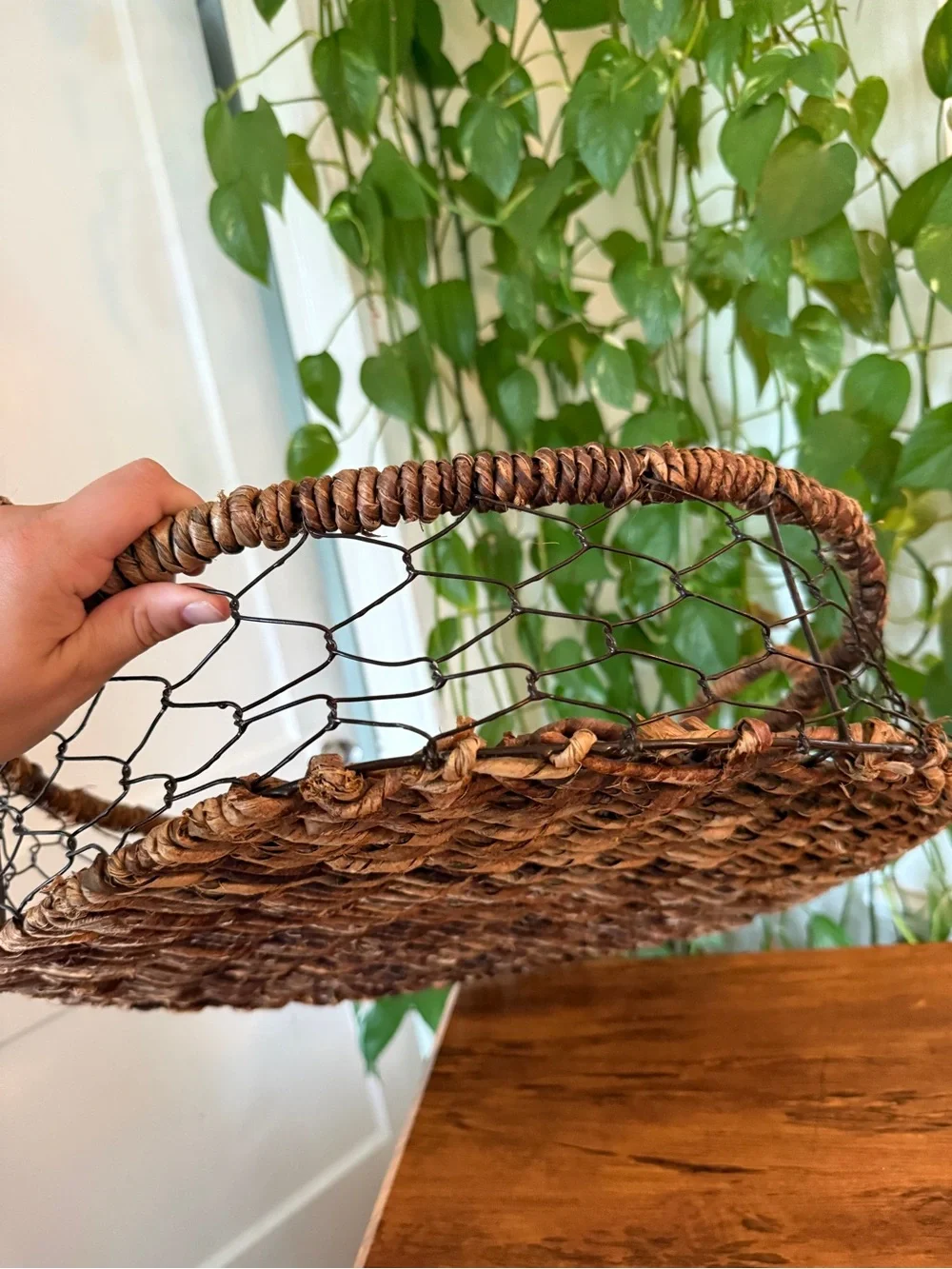 Woven Rattan and Wire Serving Basket Tray - Brown